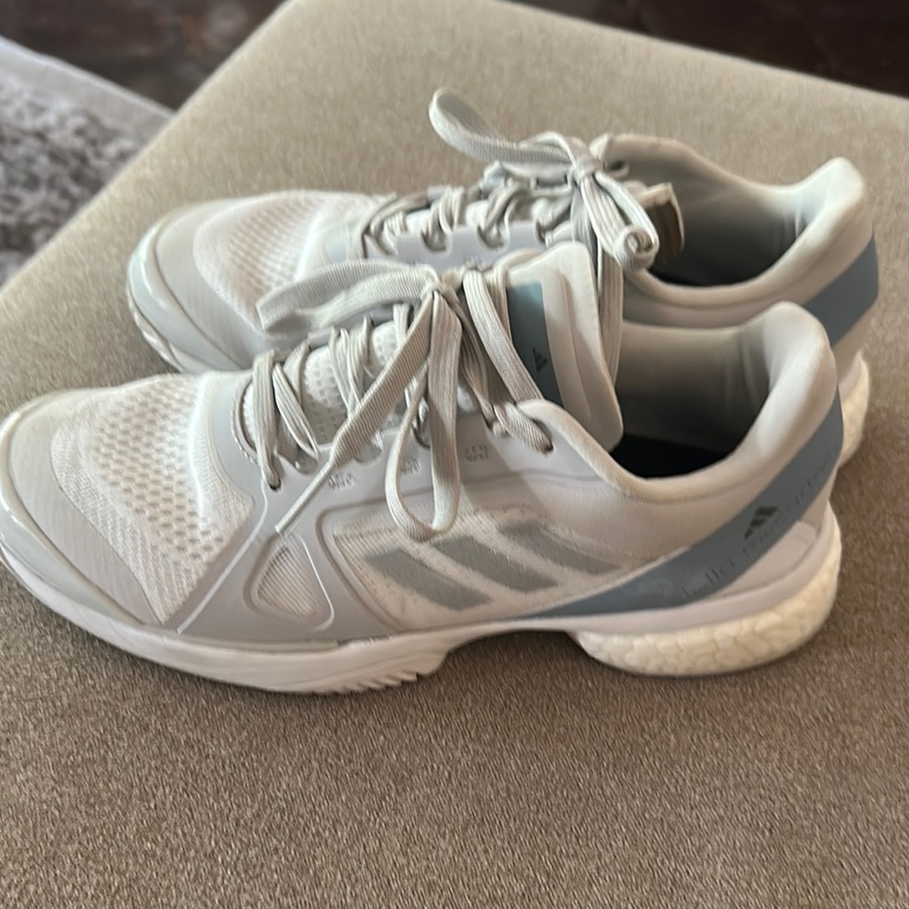 Adidas White and Gray Athletic Shoes with Mesh Upper